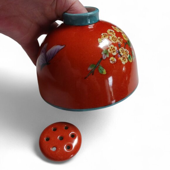 Vintage MCM Ceramic Flower Frog with Lid  Orange Rust Glaze Butterfly Floral - Picture 9 of 9